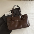 Dark brown faux leather tote bag with elegant gold buckles for professional commute - Brown
