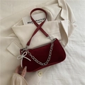 Deep red frosted suede underarm bag with silver chain and pearl bow pendant - Red