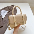 Beige woven leather messenger bag with gold buckles and detachable shoulder strap - Khaki