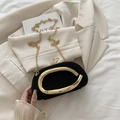 Mini round evening bag in black suede with large gold ring handle and chain strap - Black
