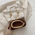 Brown suede round evening bag with gold oval metal handle and elegant chain strap - Brown