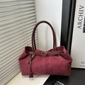 Large vintage burgundy suede tote bag with brown faux leather straps and buckle detail - Red