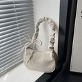 Modische beige Cord-Schultertasche mit rosa Schleifen-Stickerei und Faltenriemen - Weiß