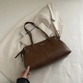 Brown vintage PU leather tote bag with FASHION metal logo and drawstring detail - No Pendant / Brown