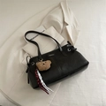 Black leather tote bag with FASHION metal plate and brown plush bear charm for daily commute - With Pendant / Black
