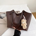 Deep brown textured faux leather tote bag with gold lettering and plush bear charm - Coffee without Pendant