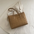 Brown quilted tote bag with square stitching and slim straps for office commuting - Khaki