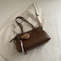 Dark brown faux leather shoulder bag with bear charm and fashion label detail - With Pendant / Brown