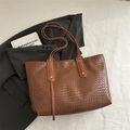 Brown woven PU leather tote bag featuring a checkerboard pattern and long shoulder strap - Brown