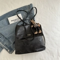 Vintage black leather backpack with flap closure, metal turn-lock and cute bunny charm - With Pendant / Black