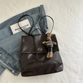 Dark brown vintage faux leather tote bag with retro metal clasp and cute bunny charm - With Pendant / Coffee