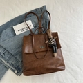 Vintage dark brown leather backpack with metal turn-lock and cute rabbit plush charm - With Pendant / Brown