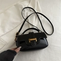 Glossy black patent leather mini square handbag with gold buckle and thin shoulder strap - Black
