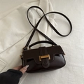 Chocolate brown vintage crossbody bag with gold metallic buckle on white fabric - Dark Brown