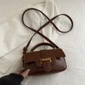 Brown retro crossbody small square bag in glossy finish with gold buckle detail - Tan