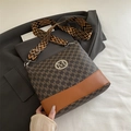 Brown monogram crossbody bag with retro letter print and stylish woven wide shoulder strap - Brown