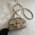 Chic cream beige small square bag in premium leather with vintage gold buckle detail - Khaki
