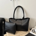 Modern black woven tote bag set with matching inner pouch on minimalist lifestyle background - Shoulder Bag Set / Black