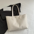 Grand sac cabas à motif pied-de-poule avec anses en cuir beige, composition élégante - Kaki