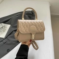 Elegant beige quilted square handbag with gold-tone twist lock and top handle - Khaki
