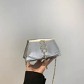 Silver metallic small square bag with gold SS buckle and fringe tassel detail - Silver