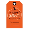 Detail of orange Halloween gift tags featuring a pumpkin design and Happy Halloween text - Style 1