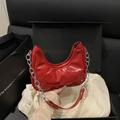 Red glossy patent leather hobo bag with silver chain strap and fashion logo - Red