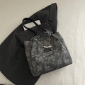 Chic dark gray floral tote bag with pearl chain and leather strap on a stylish background - No Pendant / Black