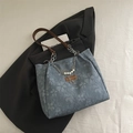 Blue floral tote bag with brown leather handles and decorative pearl metal chains - No Pendant / Blue