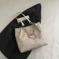 Elegant cream tote bag with floral embossing, pearl charms, and silver chain handles - No Pendant / Khaki