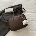 Vintage dark brown leather bowling tote bag with a cute white cloud plush charm - With Pendant / Brown