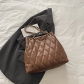 Brown quilted crossbody bag with golden chain and faux leather texture for women - Brown