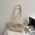 Minimalist vintage cream faux leather tote bag for women with decorative buckle straps - Off White