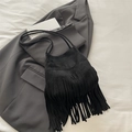 Bolso bandolera negro con flecos largos en ante sintético de estilo bohemio - Negro
