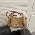 Vintage beige tote bag with brown leather straps and pearl chain on a book background - Without Pendant / Khaki