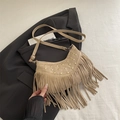 Braune Wildleder-Fransentasche mit Vintage-Nieten und böhmischem Fransen-Design - Khaki