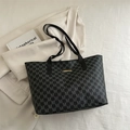 Classic black tote bag with gray M-letter print and gold metal accents for women - Black