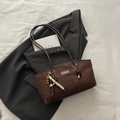 Dark coffee faux suede tote bag with shoulder strap and retro beaded charm accessory - Coffee With Pendant
