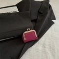 Mini magenta leather coin purse with gold clasp closure and lychee grain texture - Rose Red