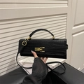 Fashionable black crocodile pattern shoulder bag with golden lock and adjustable strap - Black