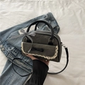 Dark gray denim shoulder bag with lace trim, black bow, and checkered ribbon accent - Black