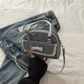 Gray denim Boston handbag with white lace trim and checkered ribbon decoration - Blue