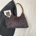 Borsa tote in velluto maculato grigio scuro con manici in pelle marrone per lo stile - Stampa Leopardata Grigio