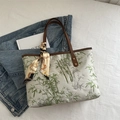 New Chinese style tote bag with green bamboo leaf print and brown leather handles - Green