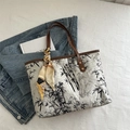 Beige tote bag with black bamboo ink print, brown handles and decorative silk scarf - Off White
