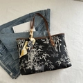 Elegant black tote bag with white bamboo print and brown leather handles and silk scarf - Black