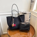 Large black faux suede tote bag with matching leather pouch and pompom charm detail - Black With Pendant