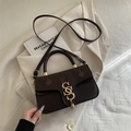 Dark brown snakeskin texture small square bag with golden metallic logo and shoulder strap - Brown
