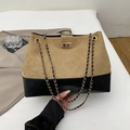 Khaki en zwarte tweekleurige handtas met ruitstiksel en goudkleurige draaisluiting - Khaki