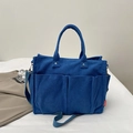 Bolso tote de pana azul marino con bolsillos dobles y correa de hombro ajustable mujer - Azul